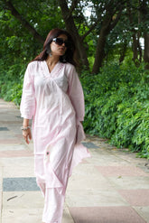 Women’s Cotton Solid Light Pink Straight Kurta Set