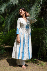 Women’s White & Blue Anarkali Kurta with Ethnic Motifs