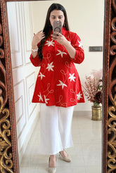 Stylish Red Embroidered Kurti with White Palazzo Set for Women