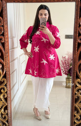Pink Embroidered Kurti with White Palazzo Set for Women