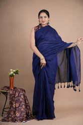 Navy Blue Pure Cotton Saree with Tassel Border & Matching Blouse Piece