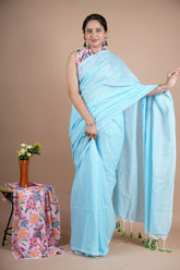 Light Blue Pure Cotton Saree with Blouse Piece – Elegant Daily & Office Wear