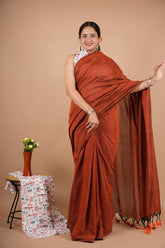 Elegant Rust Brown Modal Silk Saree with Black Tassel Border & Blouse Piece