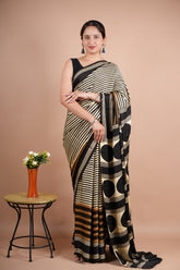 Black & Beige Striped Geometric Printed Saree for Women