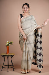 Beautiful Pure Modal Silk Saree – Off-White with Black Geometric Print & Multicolor Triangle Pallu