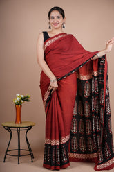 Beautiful Pure Modal Silk Saree – Maroon with Black Pallu & Tribal Leaf Print