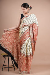 Elegant Pure Modal Silk Saree – Cream with Black Floral Buti & Rust Red Pallu