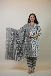 Women’s Black & White Floral Printed Cotton Kurta Set with Pant & Dupatta