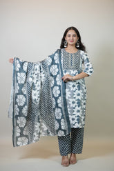 Women’s Blue & White Floral Printed Cotton Kurta Set with Pant & Dupatta