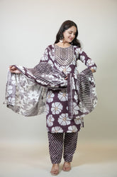 Women’s Maroon Floral Printed Cotton Kurta Set with Pant & Dupatta