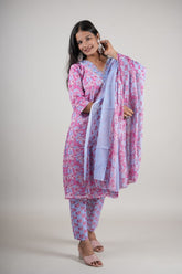 Women’s Pink & Blue Floral Cotton Kurta Set with Pant & Dupatta