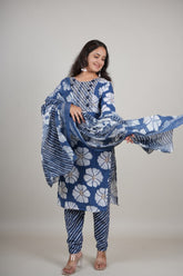 Blue Floral Printed Cotton Kurta Set with Pant & Dupatta