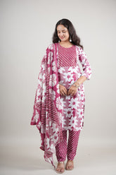 Women’s Pink Floral Printed Cotton Kurta Set with Pant & Dupatta
