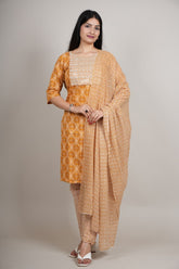 Mustard Yellow Cotton Printed Kurta Pant with Dupatta Set for Women