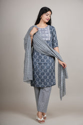 Blue Cotton Printed Kurta Pant with Dupatta Set for Women