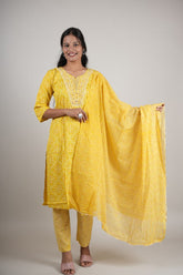 Women’s Yellow Cotton Printed Kurta Set with Pant & Dupatta