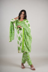 Women’s Green Printed Cotton Kurta Set with Pant & Dupatta