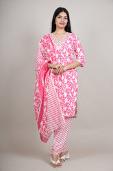 Women’s Pink Floral Cotton Kurta Set with Pant & Dupatta