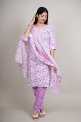 Women’s Lavender Floral Cotton Kurta Set with Pant & Dupatta