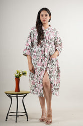 Elegant White Cotton Handblock Printed Long Robe with Floral Design & Waist Belt for Women