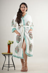 Elegant White Cotton Handblock Robe with Green & Red Floral Print