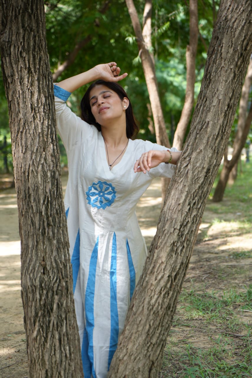 Women’s White & Blue Anarkali Kurta with Ethnic Motifs