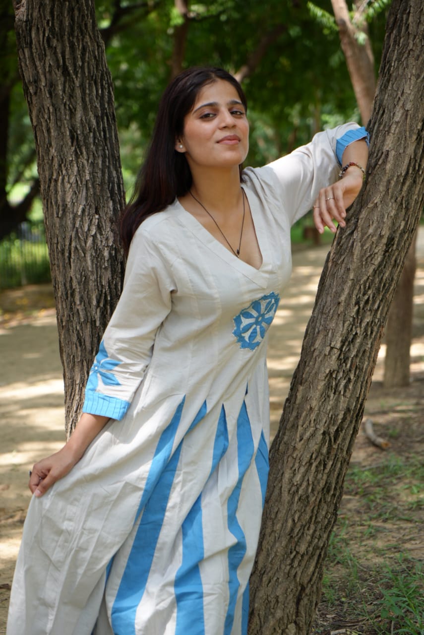 Women’s White & Blue Anarkali Kurta with Ethnic Motifs