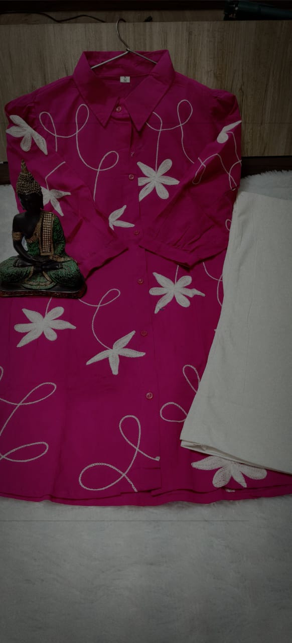 Pink Embroidered Kurti with White Palazzo Set for Women