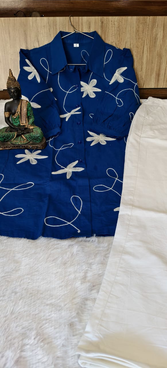 Royal Blue Embroidered Kurti with White Palazzo Set for Women