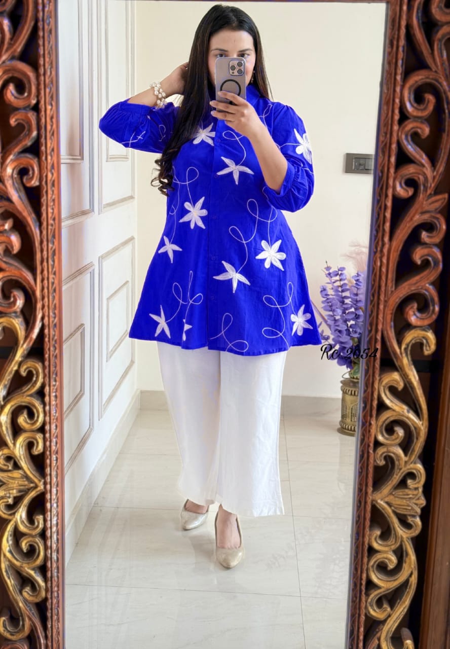 Royal Blue Embroidered Kurti with White Palazzo Set for Women