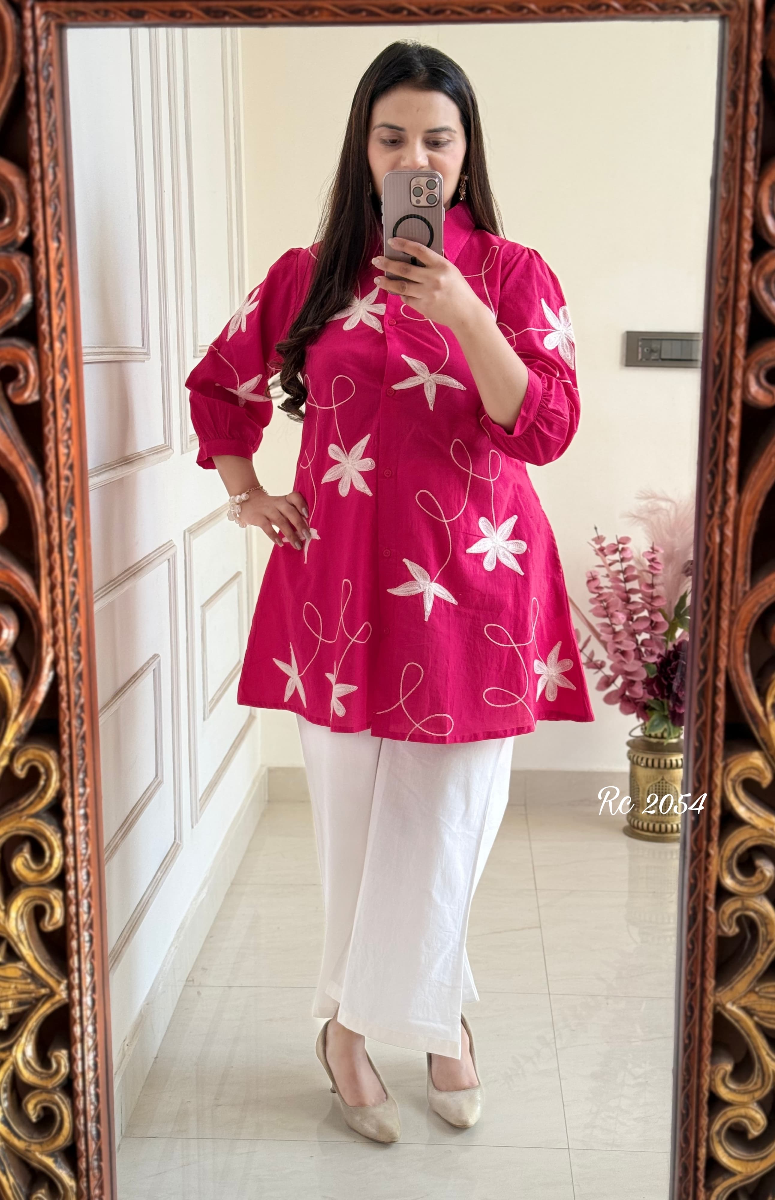 Pink Embroidered Kurti with White Palazzo Set for Women