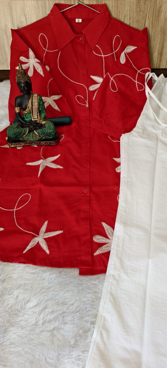 Stylish Red Embroidered Kurti with White Palazzo Set for Women