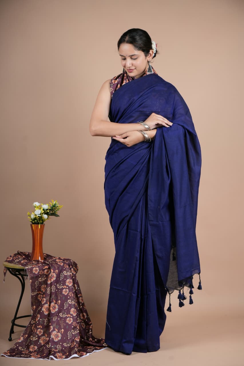 Navy Blue Pure Cotton Saree with Tassel Border & Matching Blouse Piece