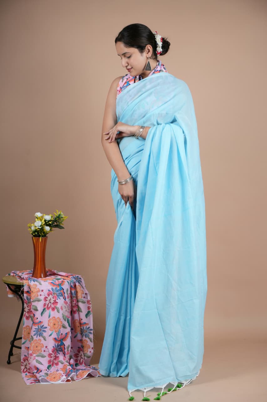 Light Blue Pure Cotton Saree with Blouse Piece – Elegant Daily & Office Wear