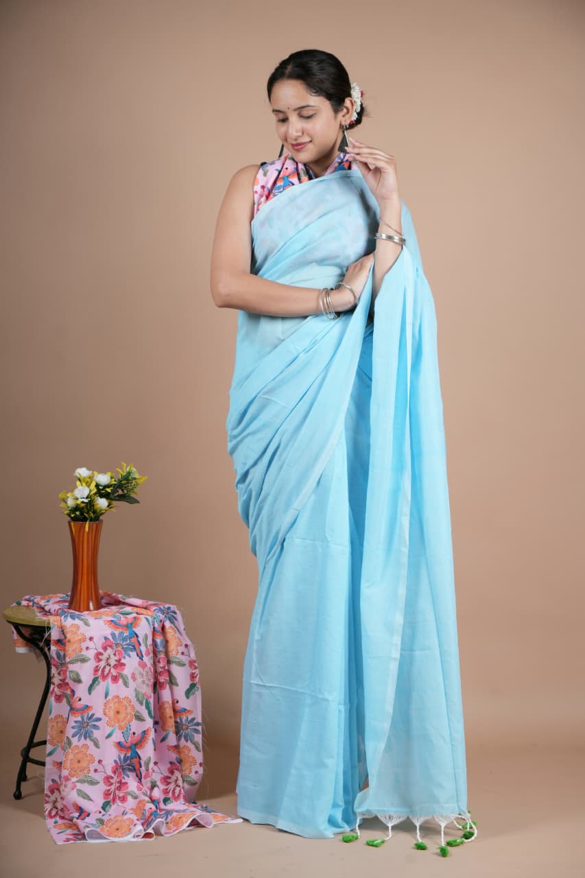 Light Blue Pure Cotton Saree with Blouse Piece – Elegant Daily & Office Wear
