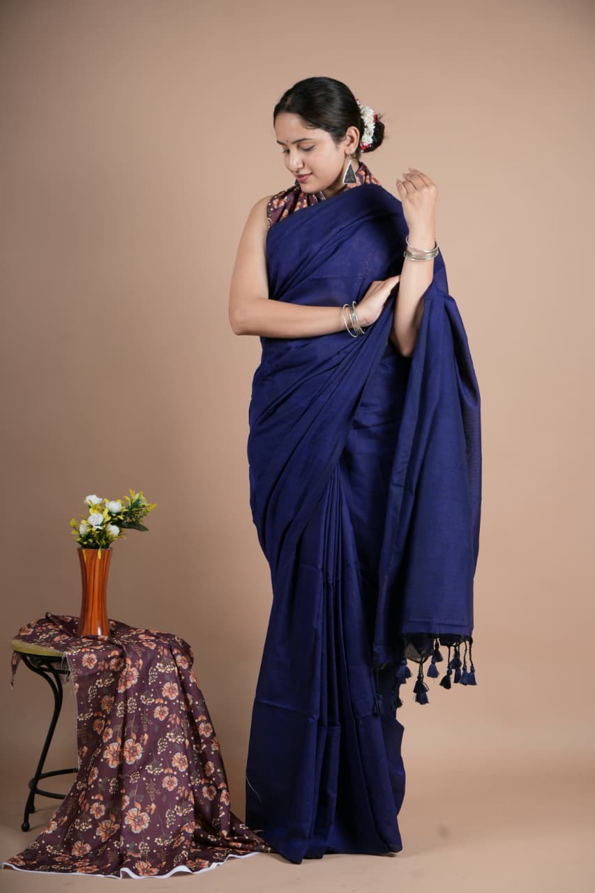 Navy Blue Pure Cotton Saree with Tassel Border & Matching Blouse Piece