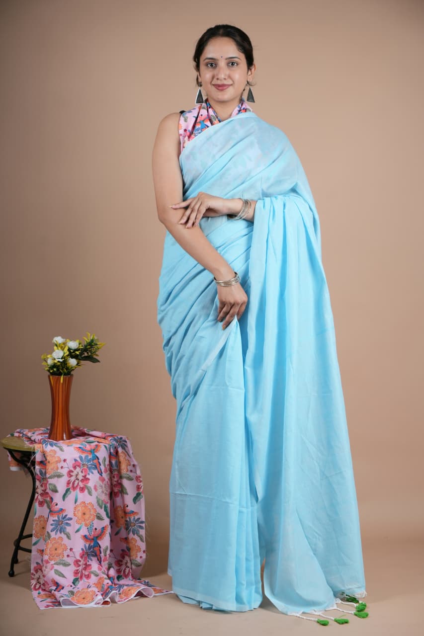 Light Blue Pure Cotton Saree with Blouse Piece – Elegant Daily & Office Wear