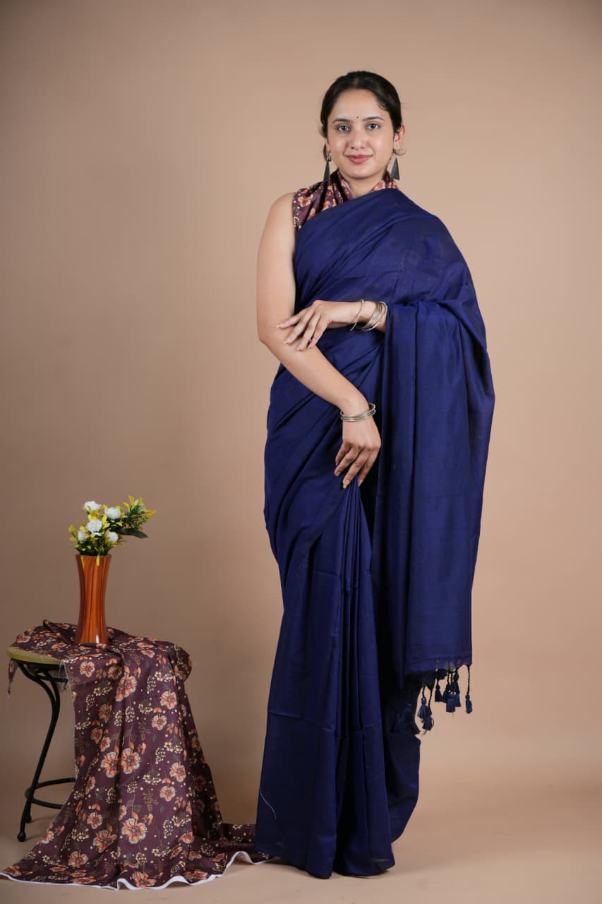 Navy Blue Pure Cotton Saree with Tassel Border & Matching Blouse Piece