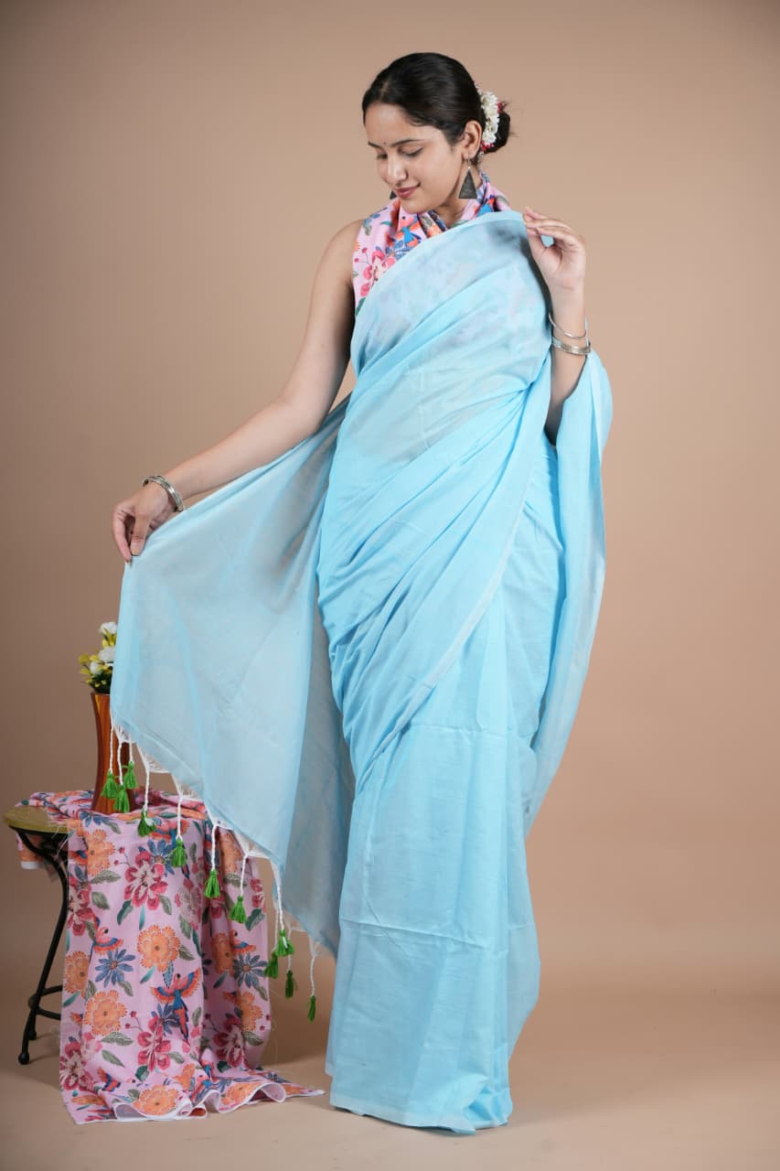 Light Blue Pure Cotton Saree with Blouse Piece – Elegant Daily & Office Wear