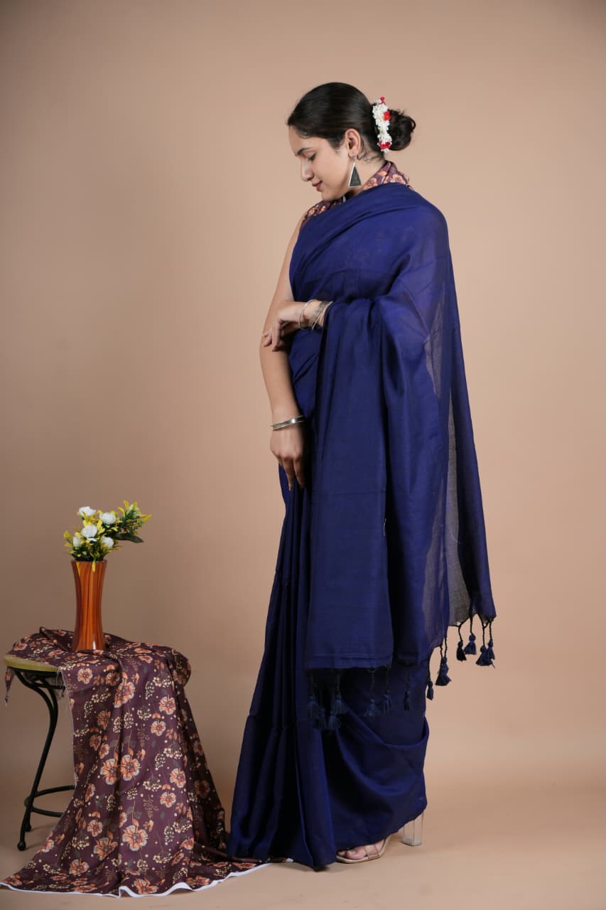 Navy Blue Pure Cotton Saree with Tassel Border & Matching Blouse Piece