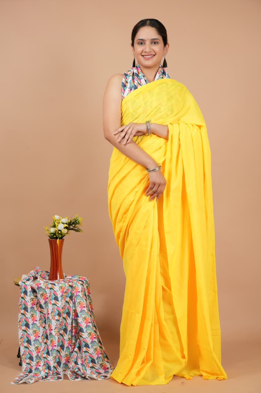 Elegant Yellow Pure Modal Silk Saree with Blouse Piece