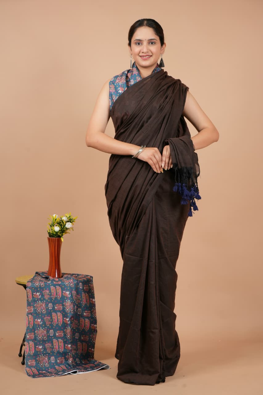 Classic Brown Pure Modal Silk Saree with Blouse Piece