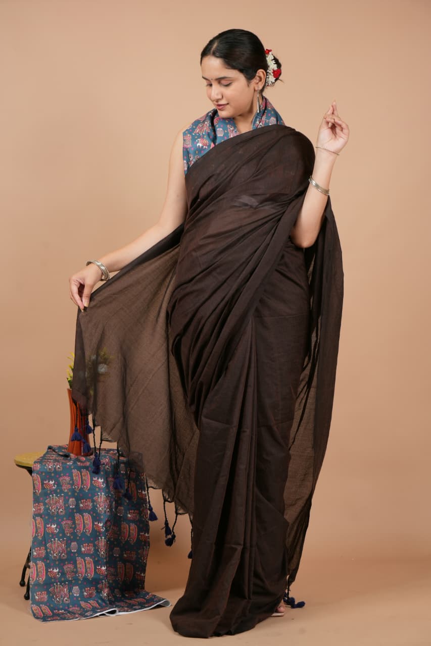 Classic Brown Pure Modal Silk Saree with Blouse Piece