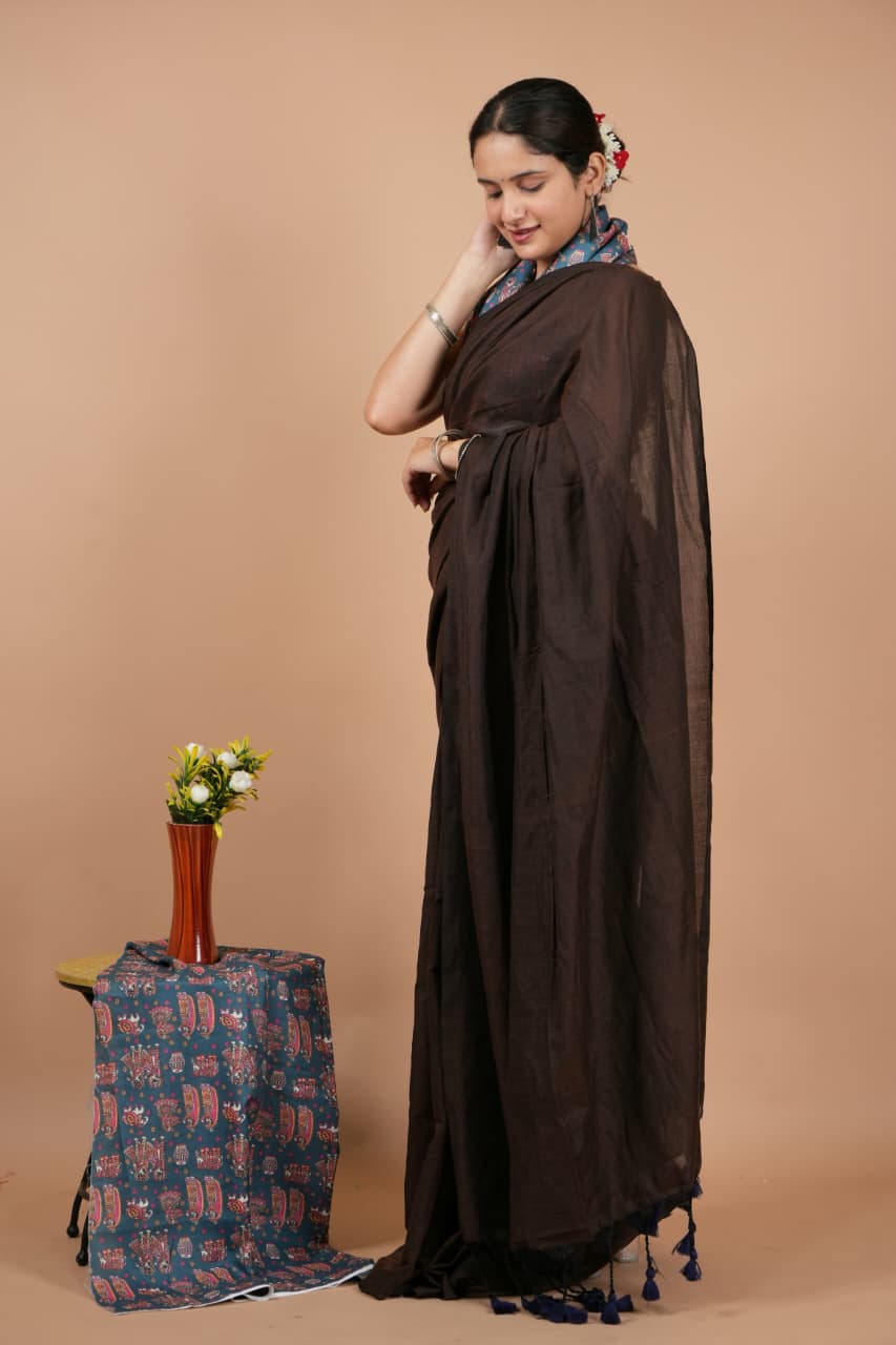 Classic Brown Pure Modal Silk Saree with Blouse Piece