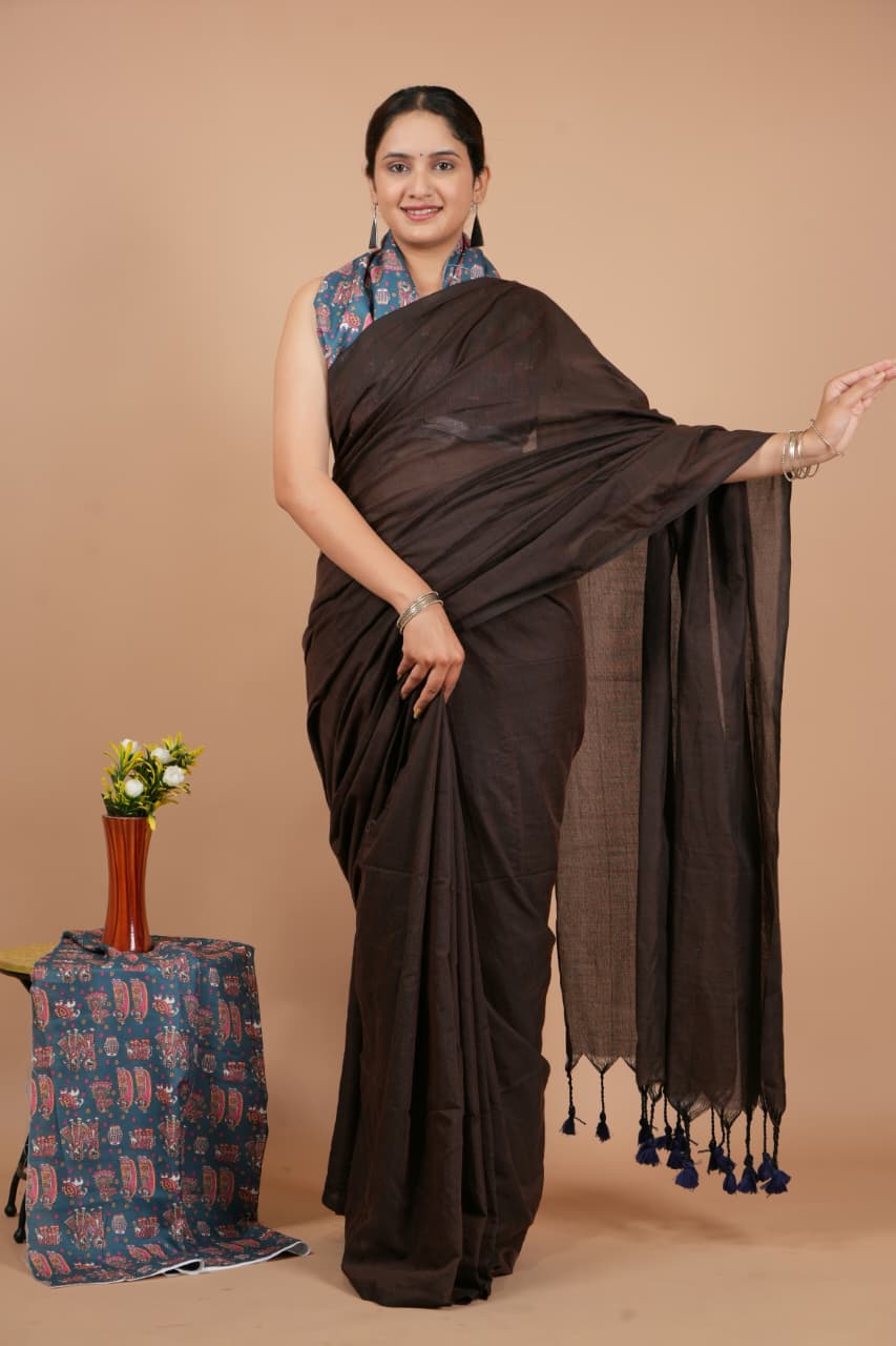 Classic Brown Pure Modal Silk Saree with Blouse Piece