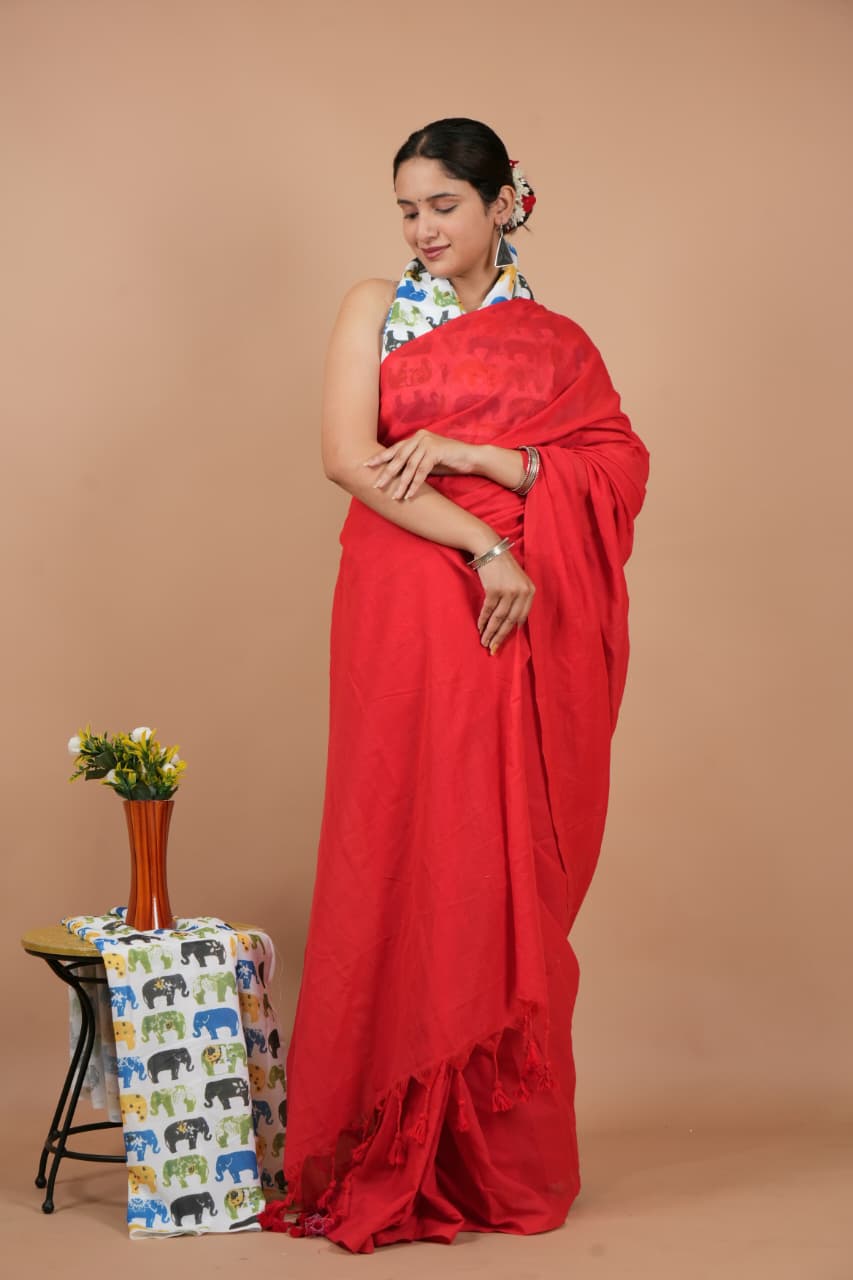Elegant Red Pure Modal Silk Saree with Blouse Piece
