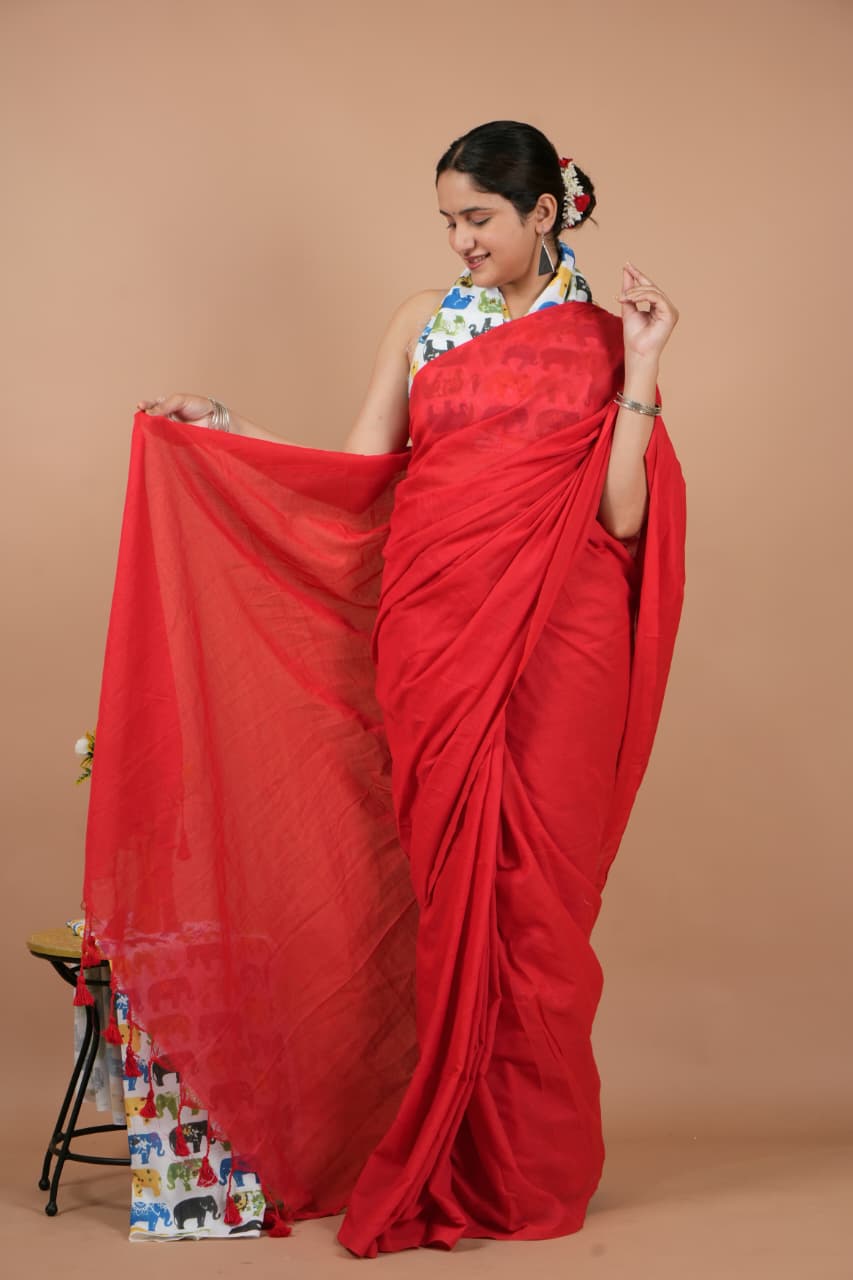 Elegant Red Pure Modal Silk Saree with Blouse Piece