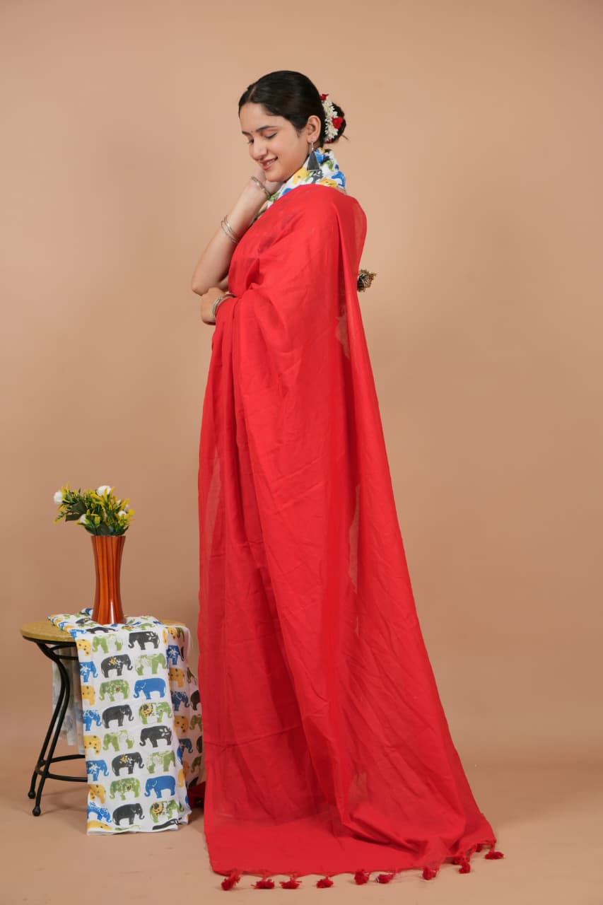 Elegant Red Pure Modal Silk Saree with Blouse Piece