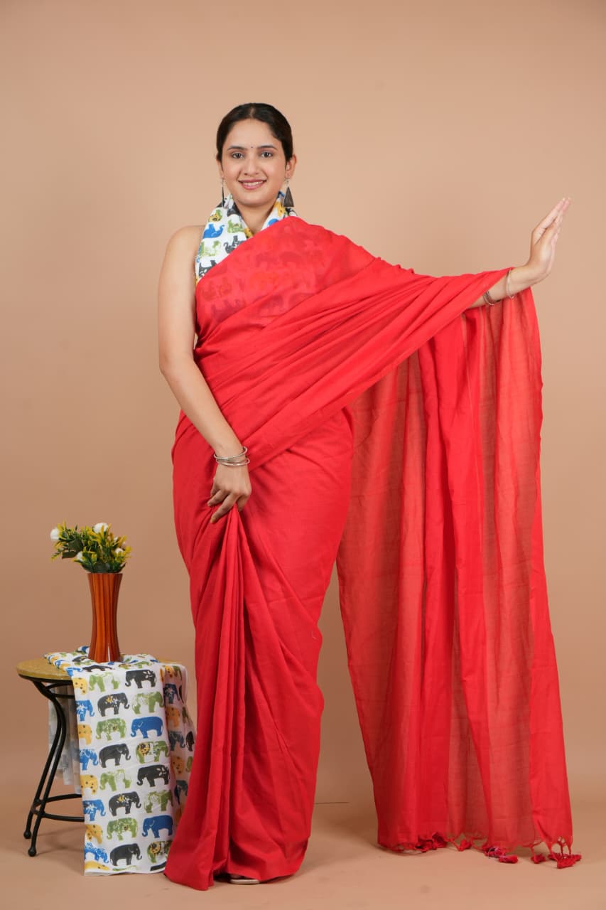 Elegant Red Pure Modal Silk Saree with Blouse Piece