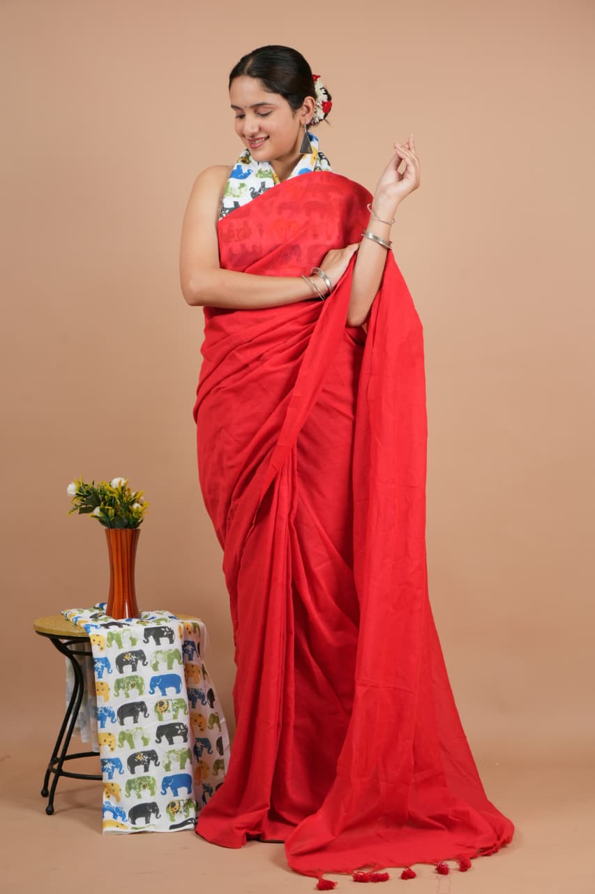 Elegant Red Pure Modal Silk Saree with Blouse Piece